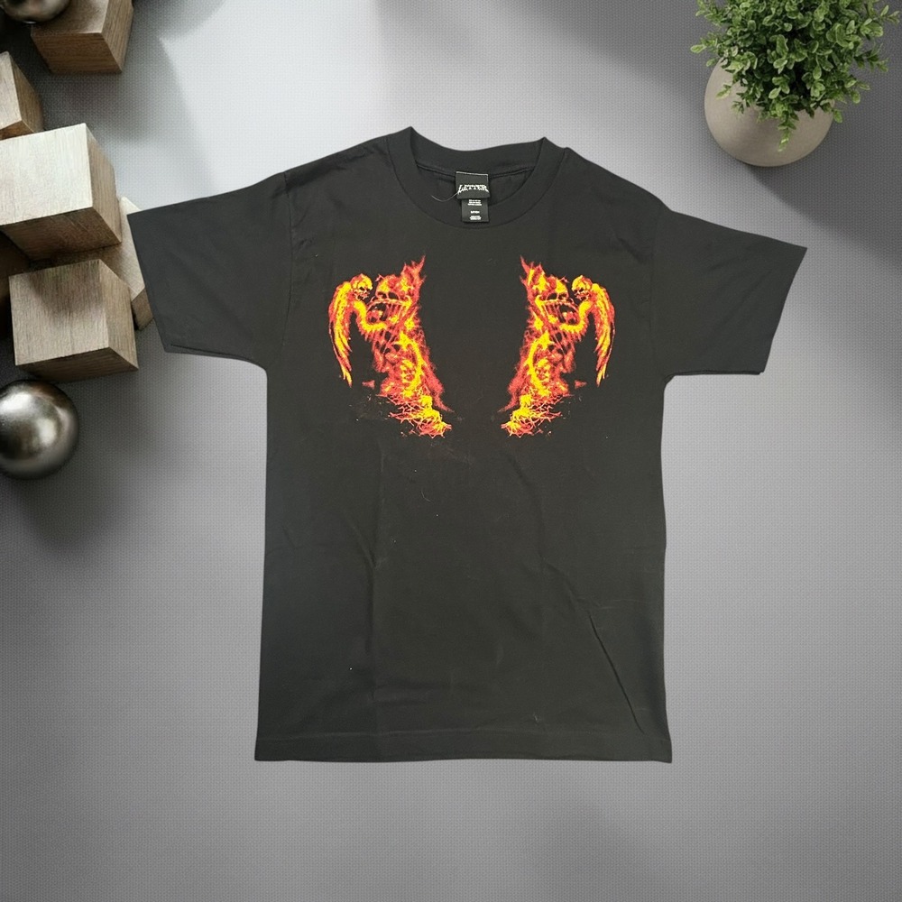Litter Flaming Angel Skulls Graphic Tee Black Y2K Skater Grunge Shirt Small